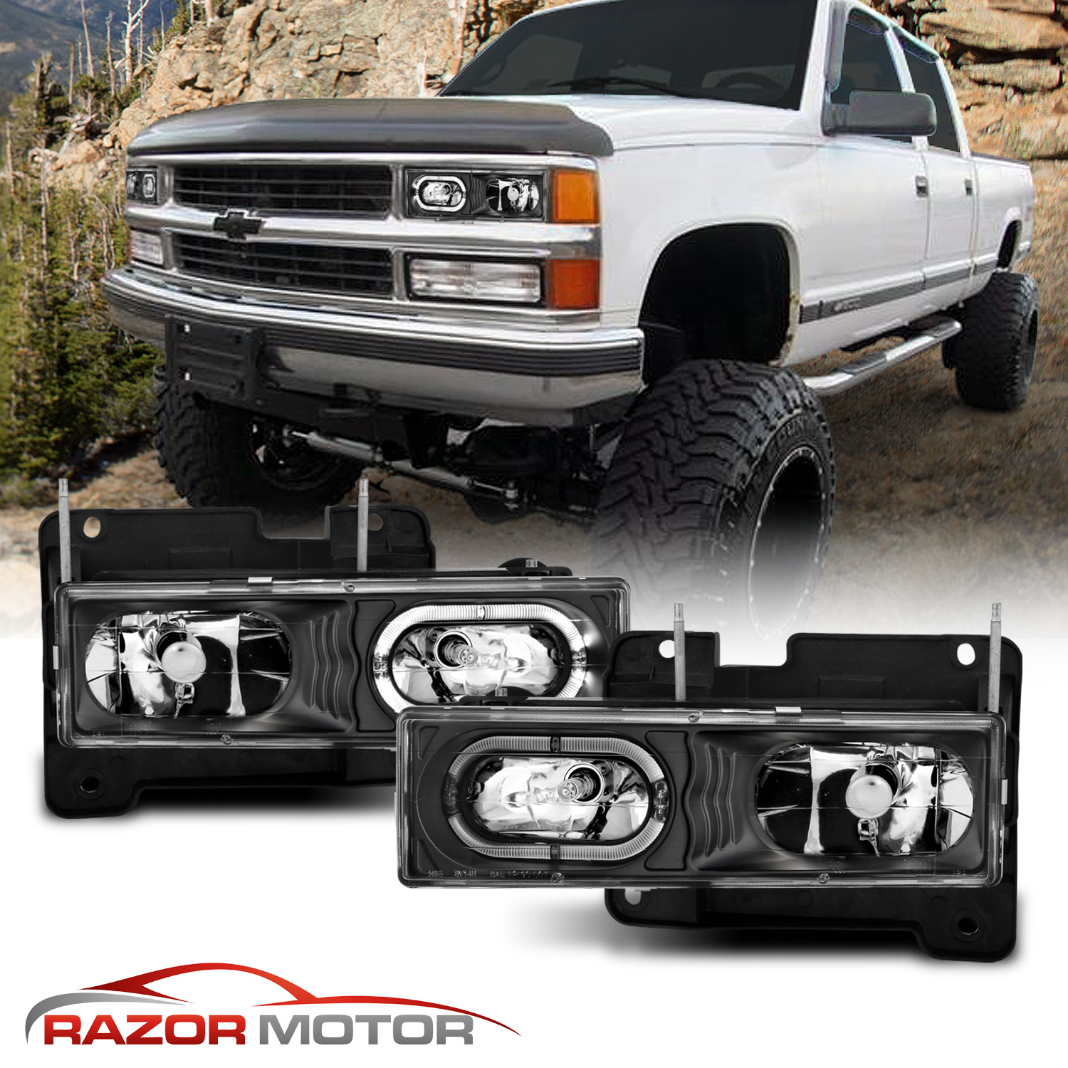 19881998 Chevy C/K 1500/2500/3500/GMC Sierra Halo Black Headlights